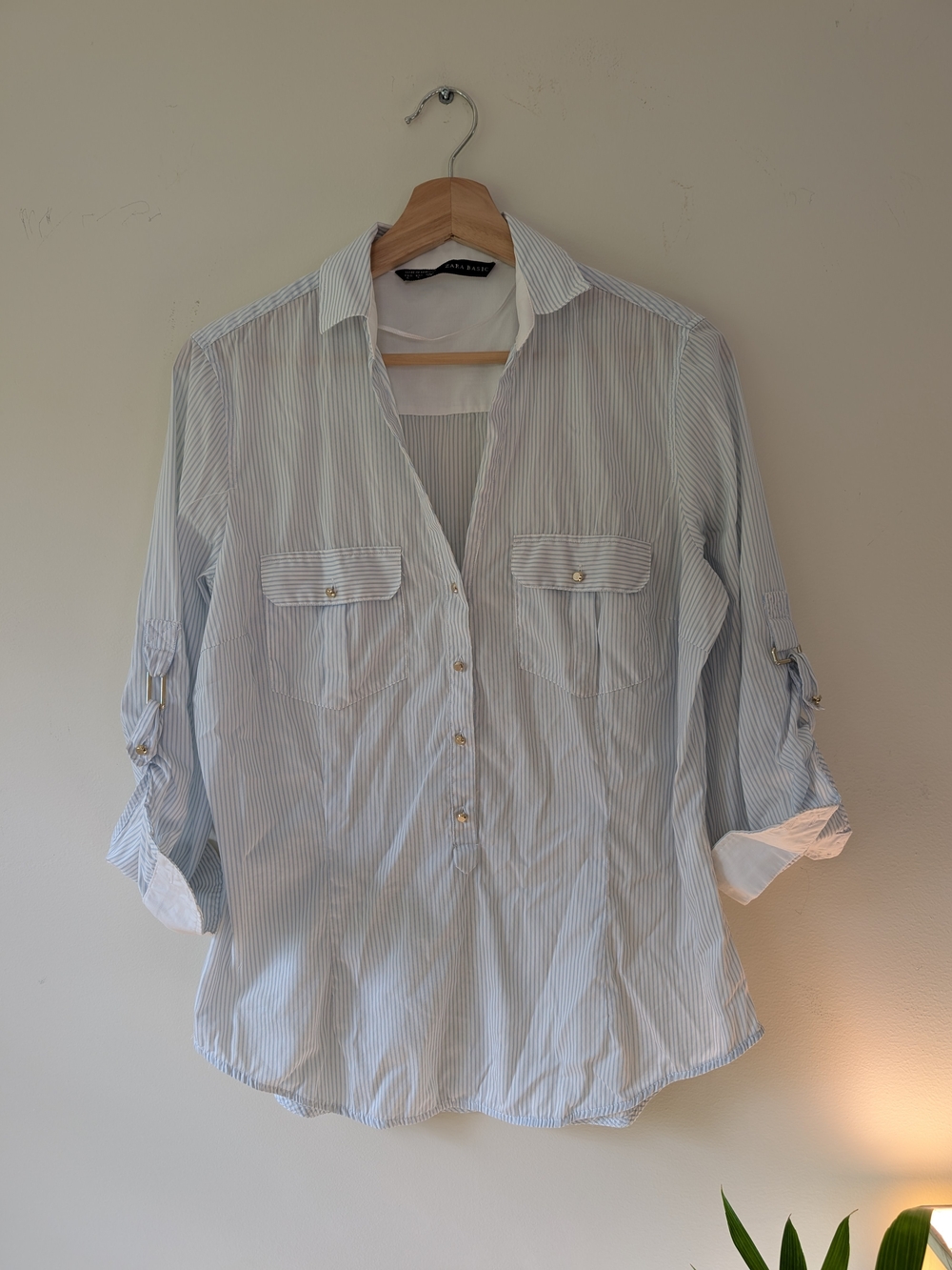 Zara Blue & White Pinstripe Roll-Tab Button-Down Shirt